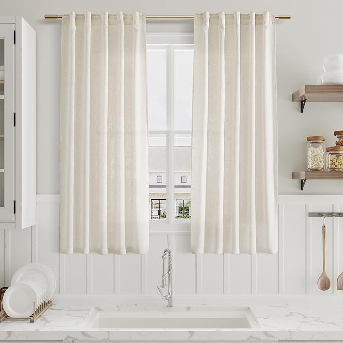 Nanspring Linen Curtains 63 Inch Length 2 Panels Set for Cafe Kitchen Cream Thermal Insulated Drapes with Back Tab Light Filtering Boho Farmhouse Curtain for Bedroom Living Room 40x63 Inch Natural