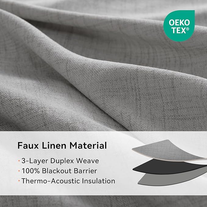 100% Blackout Shield Grey Blackout Curtains for Bedroom, Grommet Linen Curtains for Living Room, Thermal Insulated Room Darkening Drapes for Nursery, Boho Home Decor, 50" W x 84" L, 2 Panels
