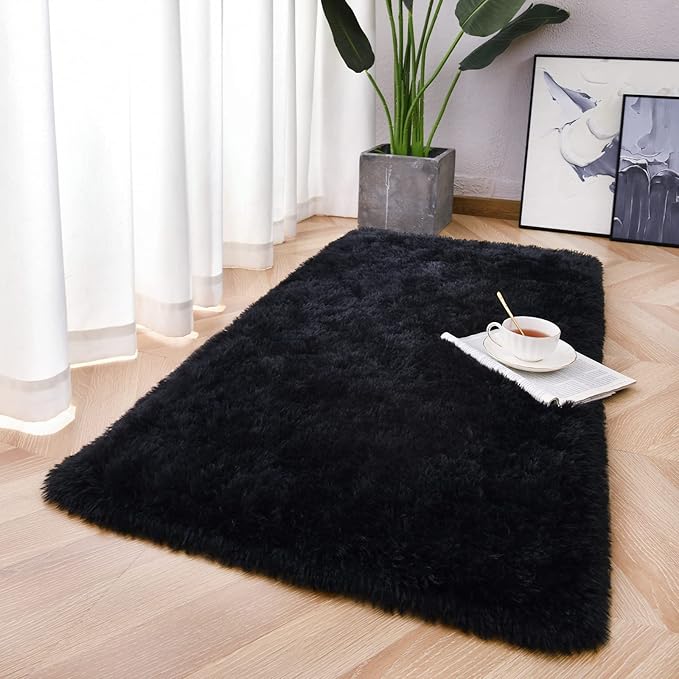 Chicrug Soft Runner Rug for Bedroom Living Room Plush Fluffy Rug 2x3 Feet, Shag Furry Runner Carpet Non Shedding for Nursery Children Kids Girls Room Home Decorative, Black