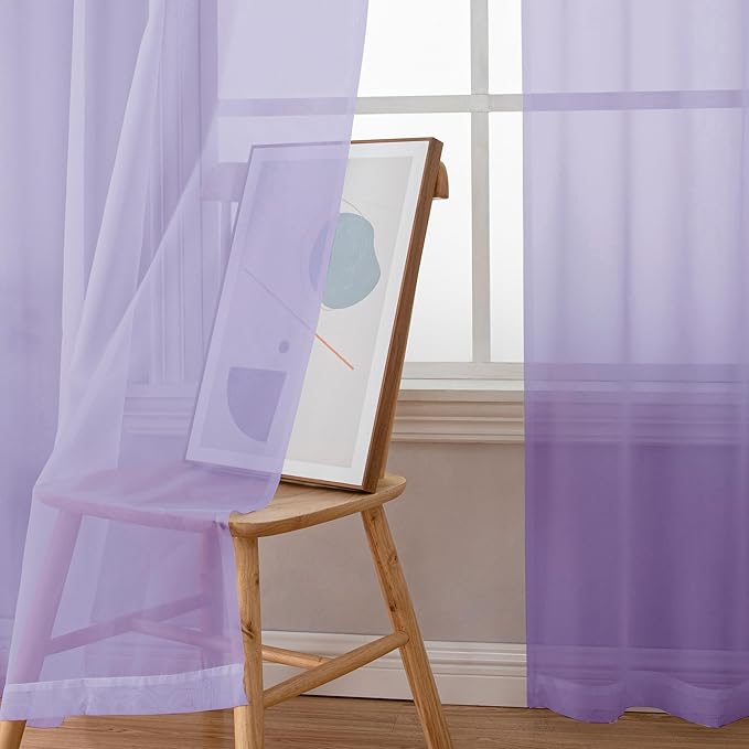 OWENIE Light Purple Sheer Curtains 54 Inch Length 2 Panels Set, Rod Pocket Voile Sheer Curtains & Drapes for Bedroom/Living Room, Soft Sheer Short Curtains for Windows, Total 84Wx54L inch, Lavender