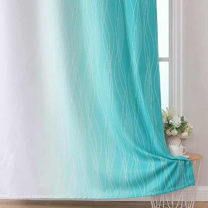 Estelar Textiler Teal and Greyish White Blackout Curtains 45 Inch Length, Light Blocking Gradient Drapes for Kitchen, Thermal Insulated Grommet Ombre Curtains for Bathroom,42Wx45L,2 Panels