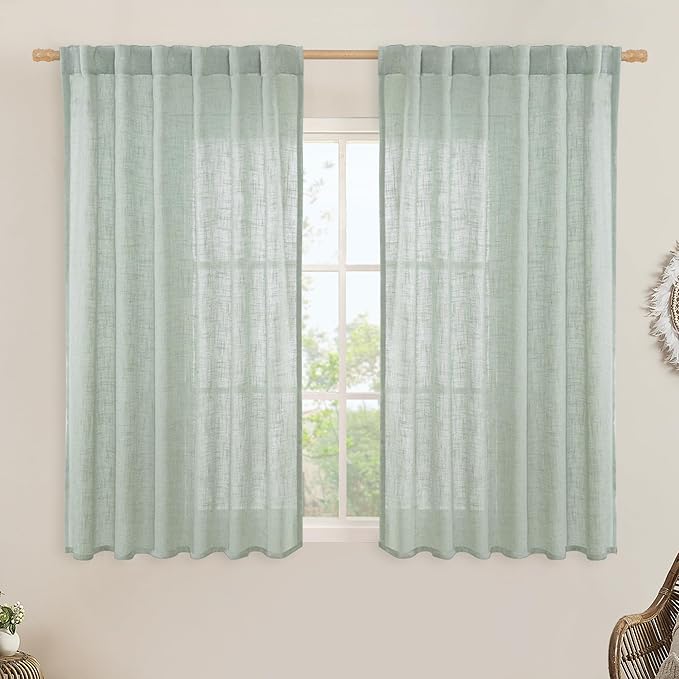 LAMIT Light Sage Linen Curtains 45 Inches Long for Bedroom, Light Filtering Panels Back Tab and Rod Pocket Neutral Drapes for Kitchen/Window/Loft Room, 52 x 45 Inch, 2 Panels