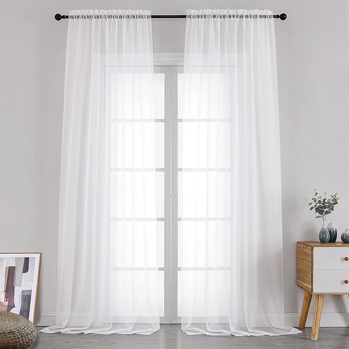 Simplebrand Sheer White Curtains 120 Inches Long, Extra Long Rod Pocket Solid Color Window Sheer Curtain Panels, Elegant Curtains & Drapes for Living Room, Bedroom 2 Panels (White, 2x42x120'')