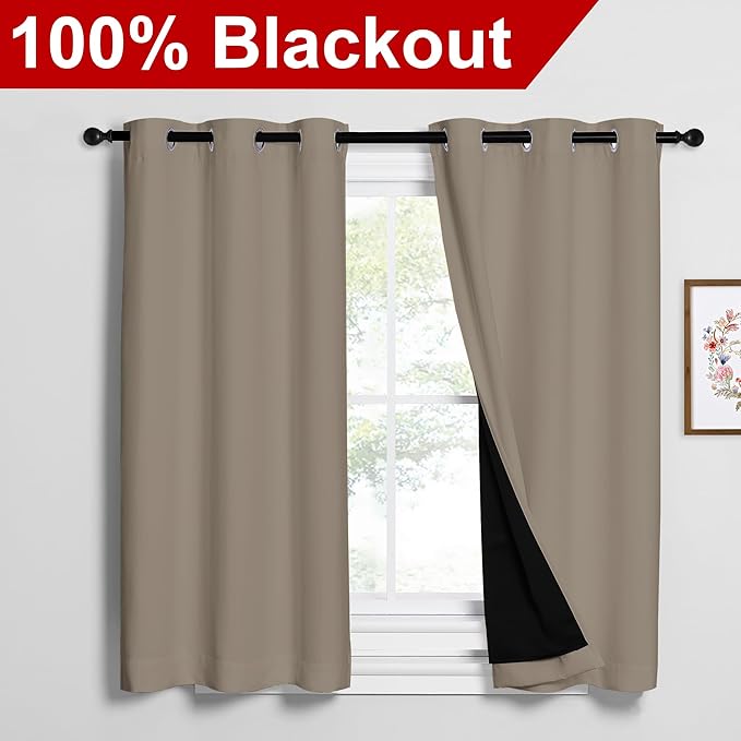 NICETOWN Taupe 100% Blackout Curtains 2 Panels with Black Liners, Thermal Insulated Full Blackout 2-Layer Lined Drapes, Noise Cancellation Window Draperies for Dining Room (42-inch W by 54-inch L)