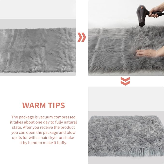 Ciicool Faux Fur Rug Grey Fluffy Area Rugs for Bedroom, Thick Fuzzy Shag Rug Furry Bedside Nursery Rug for Living Room Plush Indoor Floor Carpet for Kids Room Teen Dorm, 3x5 ft