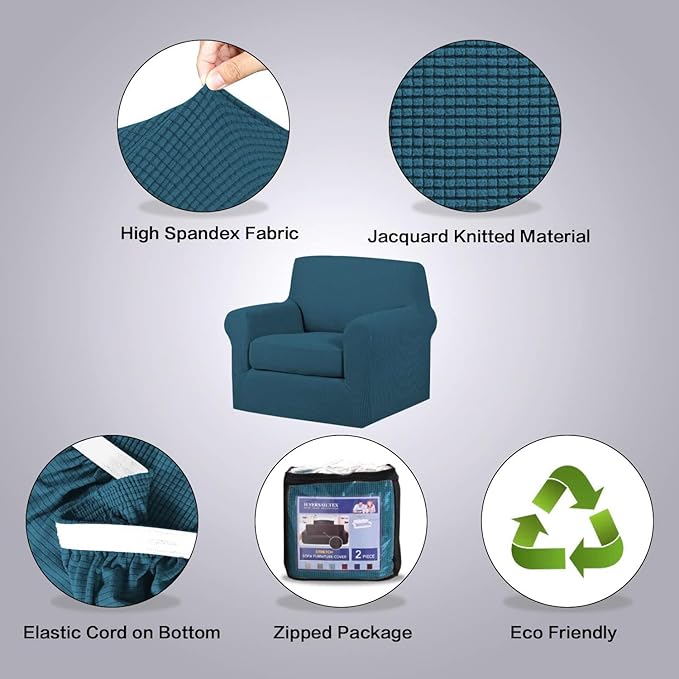H.VERSAILTEX 2-Pieces Armchair Cover Chair Slipcovers with Arms Furniture Protector Cover Fit Armchair Width Up to 47 Inch, Jacquard Spandex Couch Covers Armchair Slipcover - Deep Teal, Chair