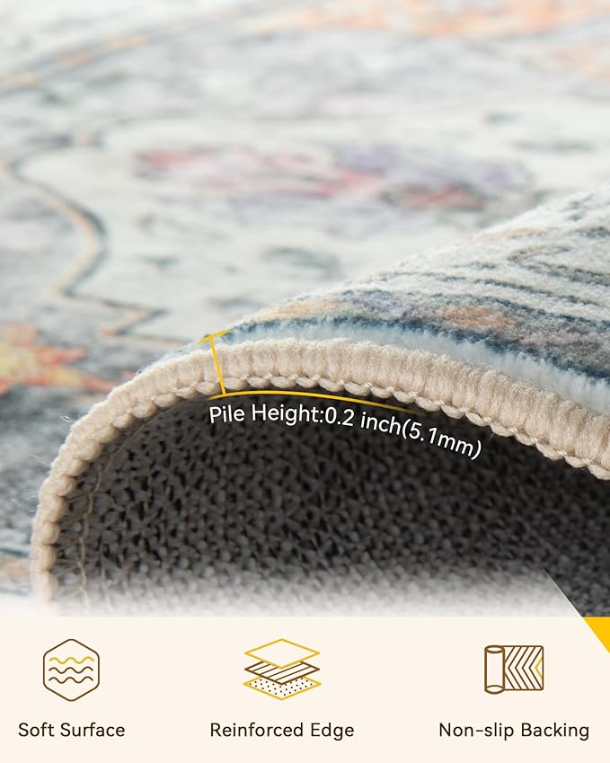 RELEANY Area Rugs Square 10ft Washable Non-Slip, Floral Vintage Distress Print Pattern Medallion Carpet for Living Room Bedroom Dining Room, Light Yellow Carbon Grey Orange