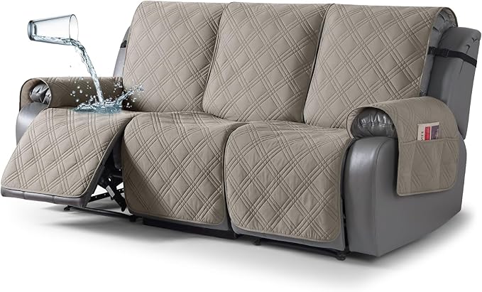 TAOCOCO Waterproof Recliner Sofa Cover, Non Slip Split Recliner Couch Covers with Elastic Straps Pocket, Washable Reclining Sofa Cover Furniture Protector for Kids, Dogs, Pets(3 Seater, Light Brown)