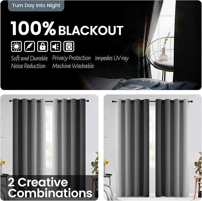 SimpleHome Ombre 100% Blackout Curtains for Bedroom, Full Light Blocking Black and Greyish White Curtains, Thermal Insulated Grommet Window Drapes for Living Room,2 Panels, 52x96 inches Length