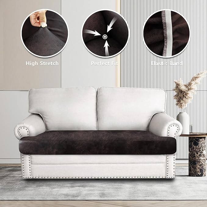 Leather Look Couch Cushion Covers Sofa Seat Slipcovers Sets Couches Furniture Protector for Sectional Armchair Loveseat Pets Kids Stretch Spandex Fabric (1 T-Cushion loveseat, Chocolate)