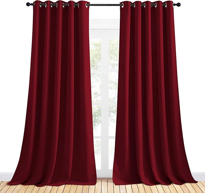NICETOWN Christmas Burgundy Window Curtains Blackout Drapes, Thermal Insulated Solid Grommet Blackout Curtains/Draperies for Laundry Room (One Pair, 70 by 95-inch, Burgundy Red)