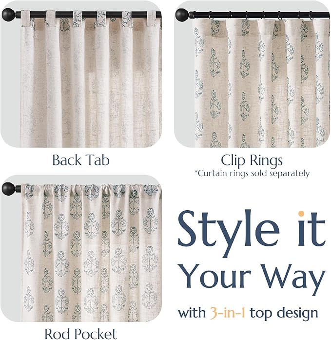 jinchan Linen Floral Curtains for Living Room 84 Inch Length Blue Flower Cottage Core Farmhouse Curtains Rod Pocket Back Tab Boho Semi Sheer Window Drapes Bedroom Set 2 Panels Blue on Beige