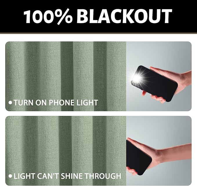 Yakamok Light Sage Green Linen Curtains 100% Blackout 96 Inches Long,Room Darkening Textured Curtains for Living Room Thermal Grommet Bedroom Curtains 2 Panels with White Liner