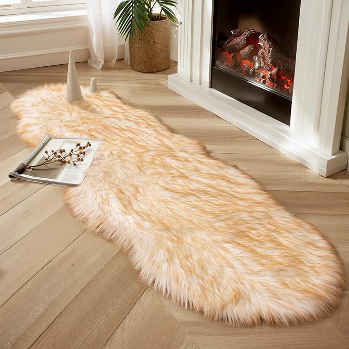Ciicool Ultra Soft Faux Sheepskin Fur Rug Fluffy Rug for Bedroom Fuzzy Carpet for Living Room Kid's Room Nursery Decor,White Gradient Brown 2 x 6 Feet
