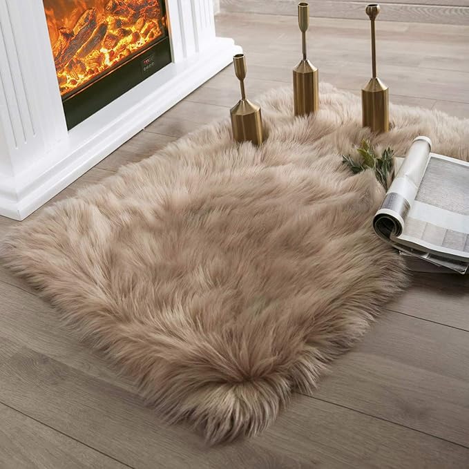 Ashler Faux Fur Rug, Fluffy Shaggy Area Rug Ultra Soft 2 x 2.9 Feet Rectangle Beige Fuzzy Rug Machine Washable Shag Rug, Nursery Decor Throw Rugs for Bedroom, Kids Room, Living Room