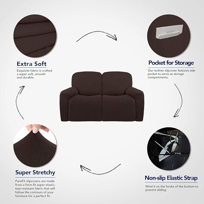 PureFit Super Stretch Loveseat Recliner Sofa Couch Cover with Pocket 2 Seats Non Slip Soft Sofa Slipcover, Washable Reclining Furniture Protector for Pets (Medium, Chocolate)