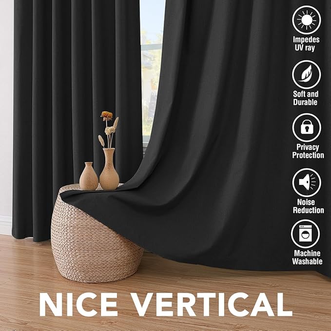 H.VERSAILTEX 100% Blackout Curtains for Bedroom Thermal Insulated Linen Textured Curtains Heat and Full Light Blocking Drapes Living Room Curtains 2 Panel Sets, 52x96 - Inch, Black