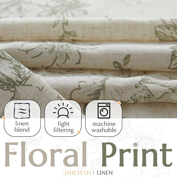 jinchan Linen Blend Floral Curtains for Living Room 63 Inches Extra Long Farmhouse Printed Curtain Back Tab Green Peony Flower Patterned Drapes Bedroom Window Curtains Set 2 Panels