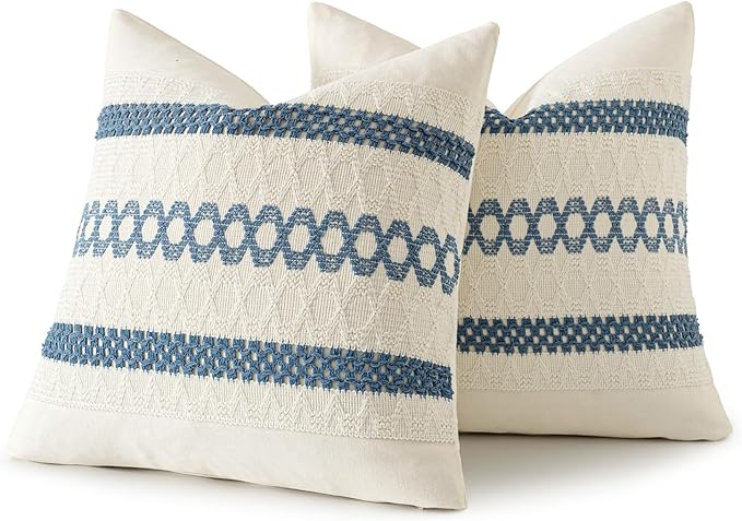 MIULEE Set of 2 Coastal Blue Boho Decorative Pillow Covers 18x18 Inch Farmhouse Rustic Couch Throw Pillows Modern Summer Cotton Cushion Covers Retro Cute Macrame Woven Spring Decor for Bed Sofa Chair