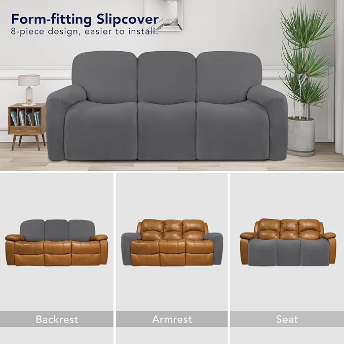 PureFit Super Stretch 3 Seats Recliner Sofa Couch Cover with Pocket – Non Slip Soft Sofa Slipcover, Washable Spandex Reclining Furniture Protector for Kids, Pets (Recliner Sofa, Gray)