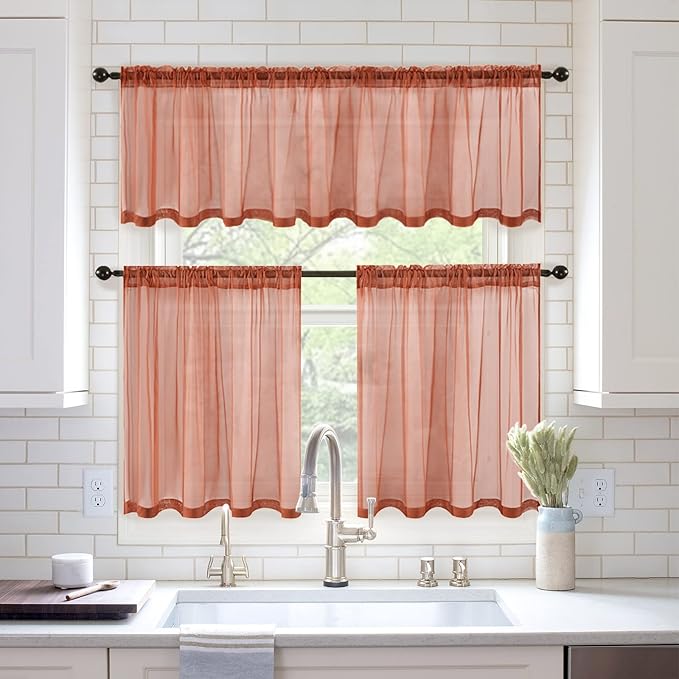 MIULEE Short Sheer Curtains 36 Inch Length for Kitchen Bathroom Cafe Half Window Treatment, Terracotta Rod Pocket Tier Fall Curtains 2 Panels 29x36 Inches Long, Burnt Orange