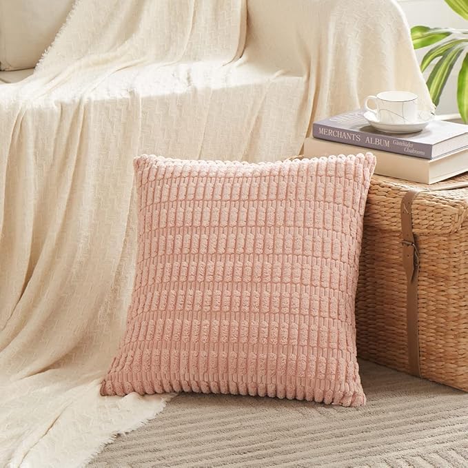 Fancy Homi 4 Packs Boho Pink Decorative Throw Pillow Covers 16x16 Inch for Living Room Couch Bed Sofa, Rustic Modern Farmhouse Home Decor, Soft Plush Corduroy Cute Square Cushion Case 40x40 cm
