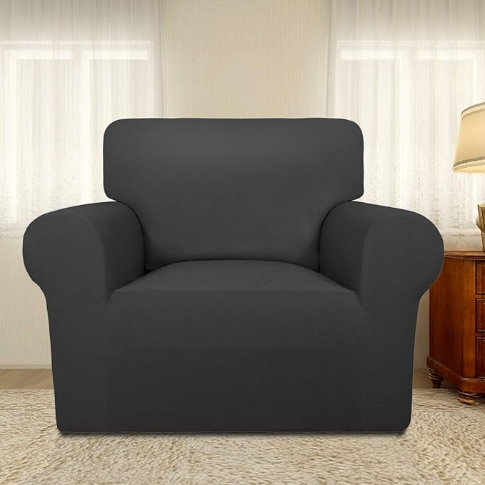 PureFit Super Stretch Chair Sofa Slipcover – Spandex Non Slip Soft Couch Sofa Cover, Washable Furniture Protector with Non Skid Foam and Elastic Bottom for Kids, Pets （Chair, Dark Gray）