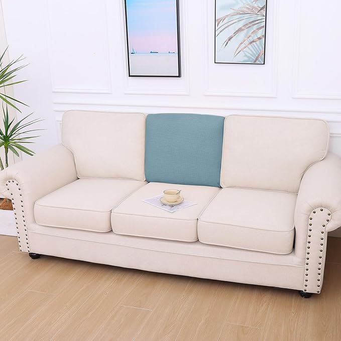 hyha Waterproof Couch Cushion Covers for Pets, Non Slip Sofa Seat Cover for Dogs Washable, Soft Thick Stretch Jacquard Fabric, Sofa Slipcovers with Elastic Bottom (1 Piece for Backrest L, Lake Blue)