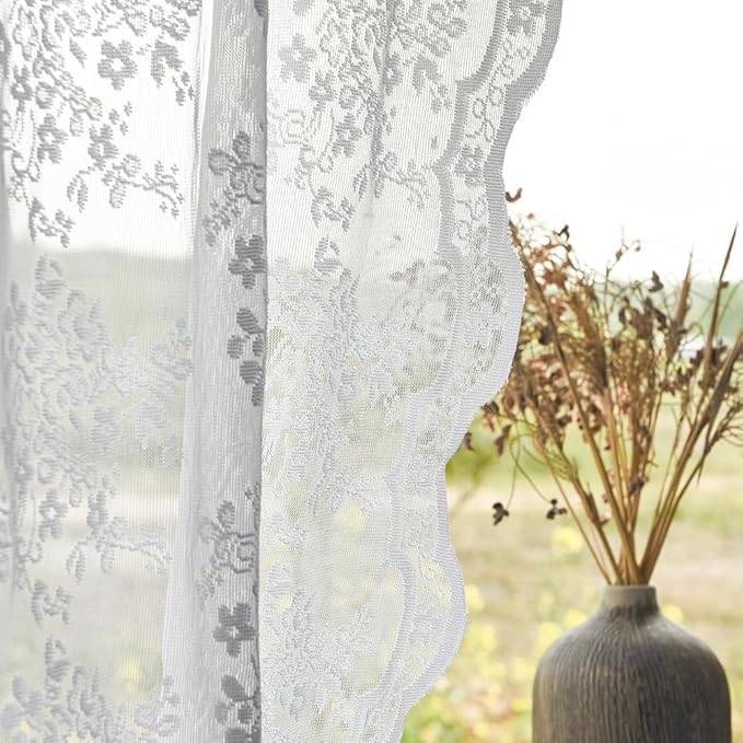 YJ YANJUN Vintage Lace Curtains 90 Inches Long- Elegant Floral White Sheer Curtain Panels for Living Room Bedroom Patio Sliding Door French Country Winter Holiday Drapes 52" W x 90" L Bright White