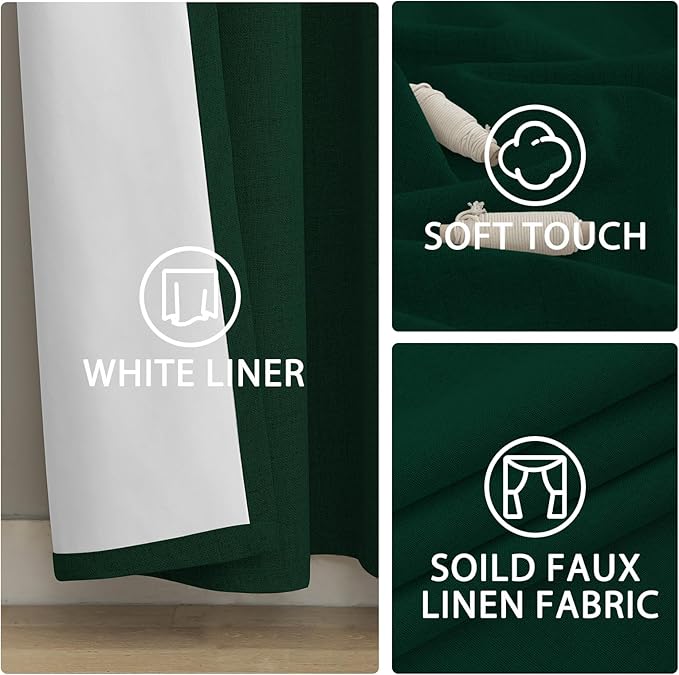 Yakamok Dark Green Linen Curtains 100% Blackout 84 Inches Long,Room Darkening Textured Drapes for Living Room Thermal Grommet Bedroom Curtains 2 Panels with White Liner