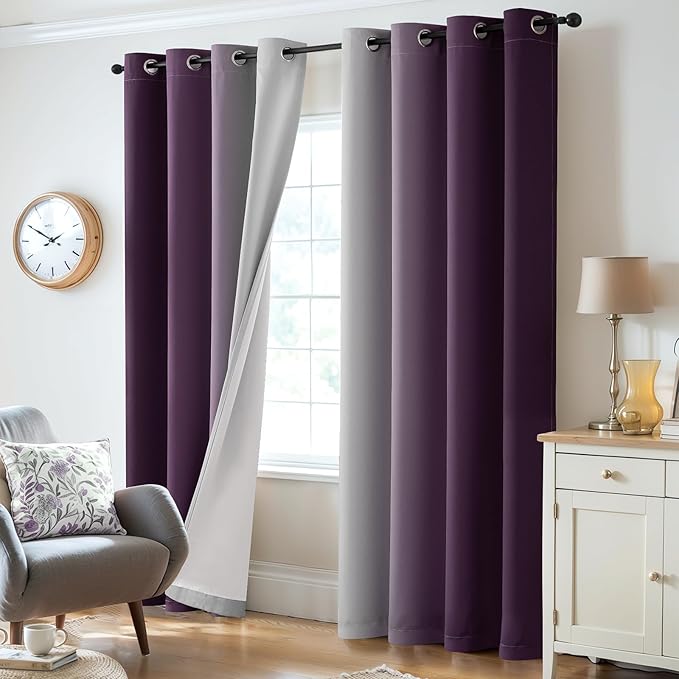 Yakamok 100% Blackout Curtains 84 Inch Length 2 Layers,Purple Curtains for Bedroom Ombre Room Darkening Grommet Gradient Drapes, Light Blocking Thermal Insulated Window Curtains for Living Room