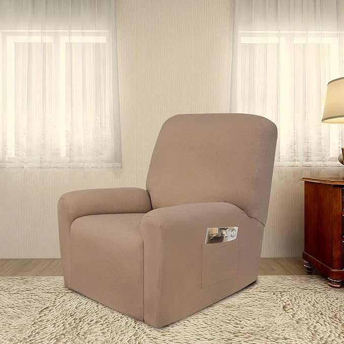 PureFit Super Stretch Chair Sofa Slipcover with Pocket – Spandex Non Slip Soft Couch Sofa Cover, Washable Furniture Protector with Elastic Bottom for Kids, Pets （Recliner, Camel）