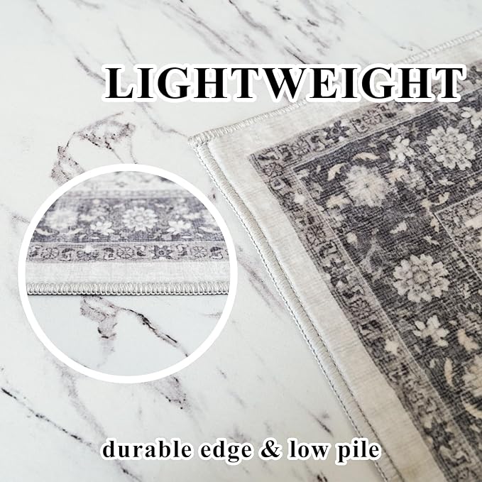 Hallway 2x6 Washable Runner Rug: Oriental Stain Resistant Kitchen Entryway Rugs Farmhouse Ultra Soft Bathroom Bedroom Print Floor Mat Thin Non Slip Indoor Carpet for Living Room Laudry (2 X 6, Grey)