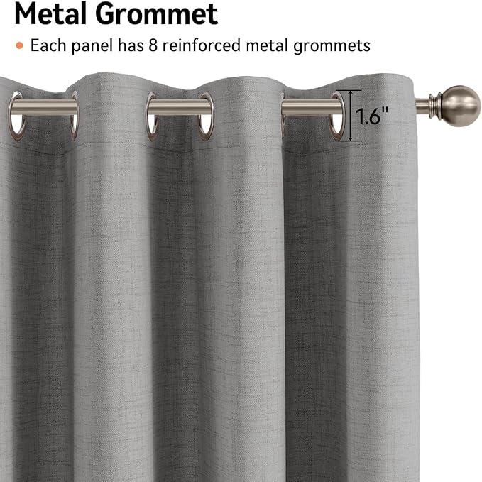 100% Blackout Shield Linen Blackout Curtains for Bedroom, Grey Grommet Curtains for Living Room, Thermal Insulated Room Darkening Drapes for Nursery, Boho Home Decor, 50" W x 90" L, 2 Panels