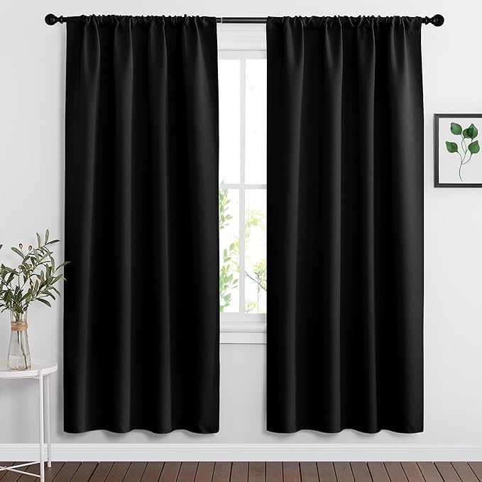 RYB HOME Blackout Curtains for Bedroom Living Room 63 inches Long, Thermal Insulated Privacy Rod Pocket Drapes for Nursery Office Home Theater, Width 34 by Length 63, Black, 2 Panels