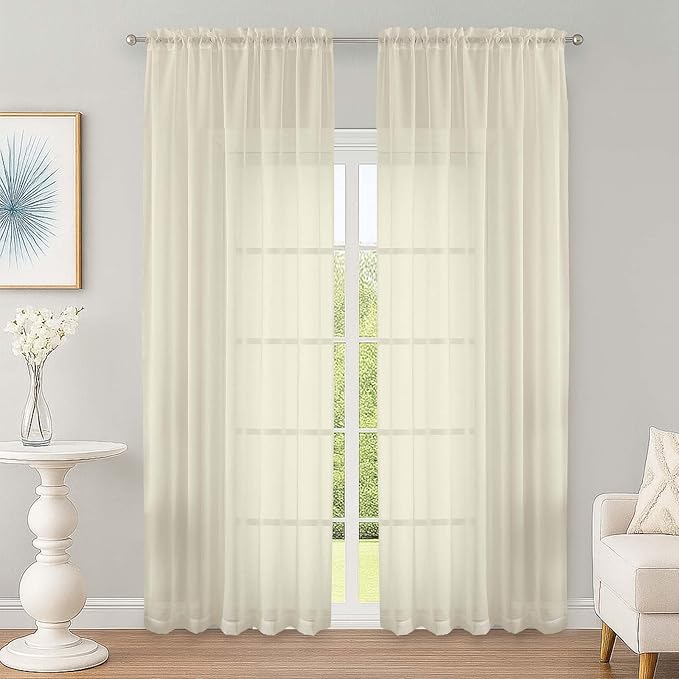 OWENIE Cream Sheer Curtain 90 Inches Long 2 Panels Set, Solid Filmy Drapes for Living Room Bedroom, Elegant Window Voile Sheer Curtain Panels Drapes, 2 Pcs, Each 59" Wx90 L Inch