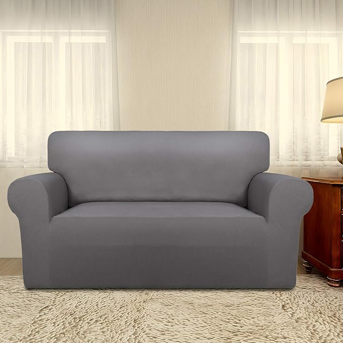 PureFit Super Stretch Sofa Slipcover – Spandex Non Slip Soft Couch Sofa Cover, Washable Furniture Protector with Non Skid Foam and Elastic Bottom for Kids, Pets （Loveseat, Light Gray）