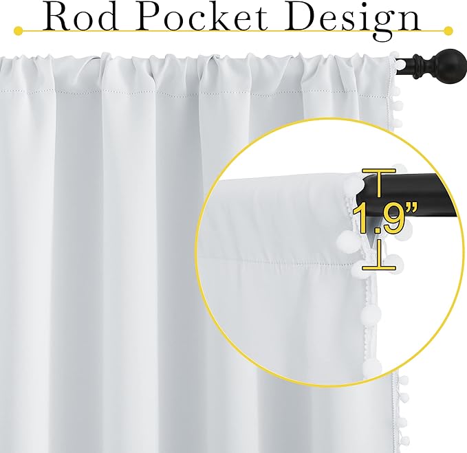 NICETOWN Pom Poms Trimming Blackout Curtains, Farmhouse Blackout Window Curtains Set of 2 Panels, Thick Thermal Insulated Vertical Drapes for Girls Boys Room Playroom, Greyish White, W52 x L84 inch