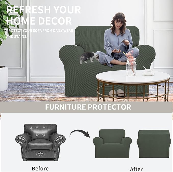 Easy-Going Stretch Oversized Chair Sofa Slipcover 1-Piece Couch Sofa Cover Furniture Protector Soft with Elastic Bottom for Kids Spandex Jacquard Fabric Small Checks Olive Green