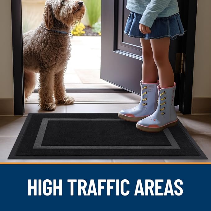 OLANLY Front Door Mat Indoor Outdoor Entrance, Waterproof All-Season, All-Weather Doormat, Sturdy Natural Rubber, Fade Resistant, Low Profile, Easy Clean Patio Porch Entryway Mat, 59x35, Black
