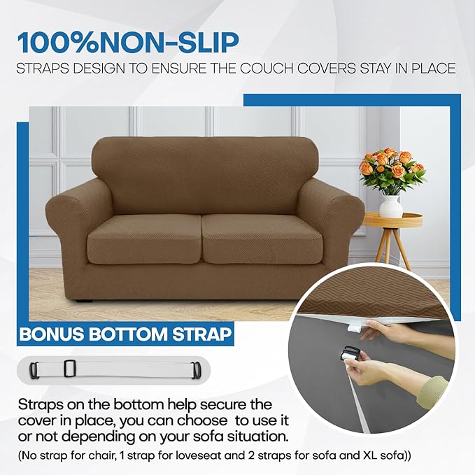 XINEAGE New 4 Pieces Extra Large Couch Covers for 3 Cushion Sofa Super Stretch Sofa Cover for 3 Large Seat Cushion Universal Slip Cover for Living Room (Brown), 91"-110"(3 Cushions)