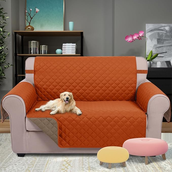 U-NICE HOME Loveseat Sofa Cover Reversible Couch Covers for 2 Cushion Couch for Dogs Furniture Protector Cover with Elastic Straps Water Resistant(Loveseat Small, Orange/Taupe)