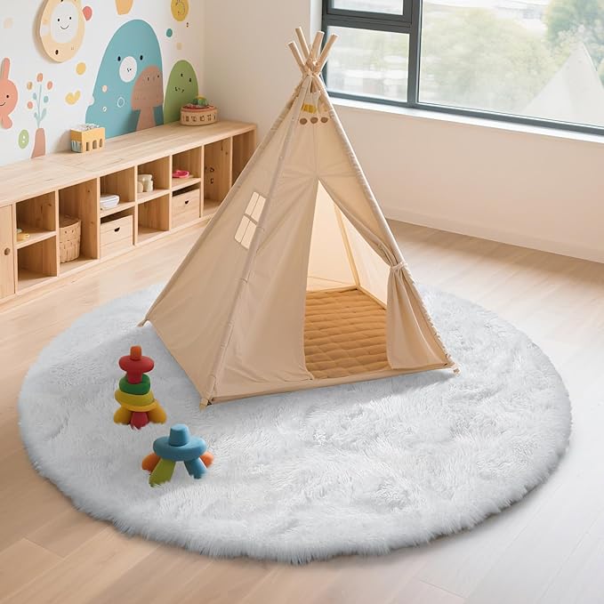 yulidayang White Fluffy Round Area Rugs for Bedroom,5'X5'Shag Circle Area Rugs for Girls Room,Non Slip Fuzzy Plush Rug for Kids Room Living Room and Dorm Home Decor Rug