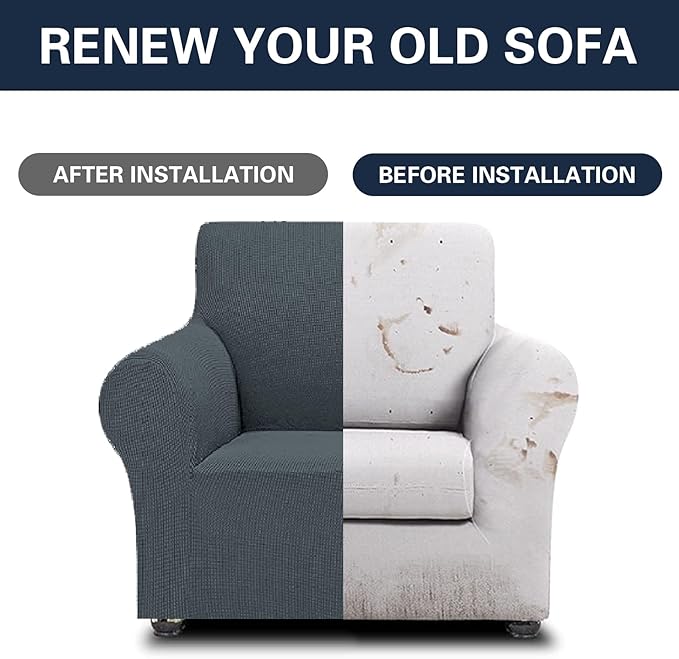 Cupuamon 2026 New Stretch Chair Sofa Slipcovers Couch Cover for 1 Seater Furniture Protector Sofa Covers with Elastic Bottom Jacquard Fabric Small Checks for Pets, Kids - Grey