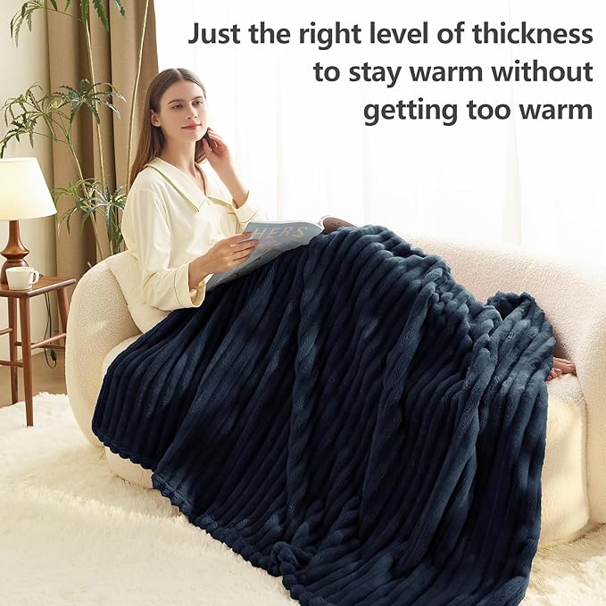 HIMEET Navy Blue Ribbed Twin Blanket for Bed - 300GSM Lightweight Soft Fleece Blanket for Men Women, Blankets Graduation Birthday Gifts, Striped Spring Home School Dorm Decor, Navy Blue, 60x80 Inches