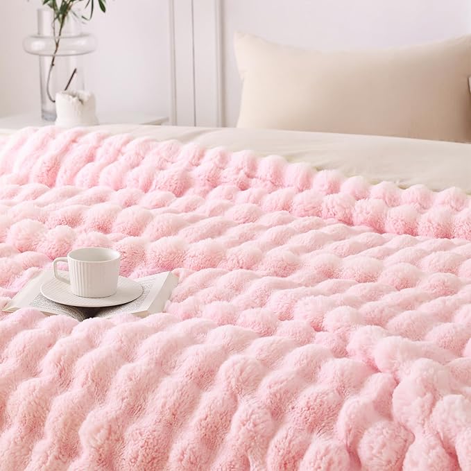 COOVA Faux Fur Throw Blanket for Couch, Cozy Soft and Fuzzy Plush Rabbit Fur Bubble Blanket for Sofa Bedroom Living Room, 60x80 Inches Light Pink