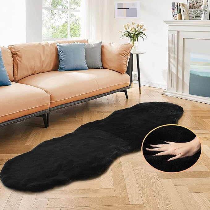 ORINOVA Black Shag Washable Fluffy Fur Area Rugs for Bedroom Living Room Faux Rabbit Fur Nursery Rug 2x6 Cute Shaped Rug Room Décor