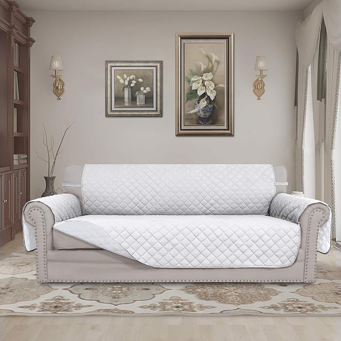 Easy-Going Reversible Couch Cover for 3 Cushion Couch Sofa Cover for Dogs Water Resistant Furniture Protector Cover with Foam Sticks Elastic Straps for Pet Cat (Sofa, White/White)