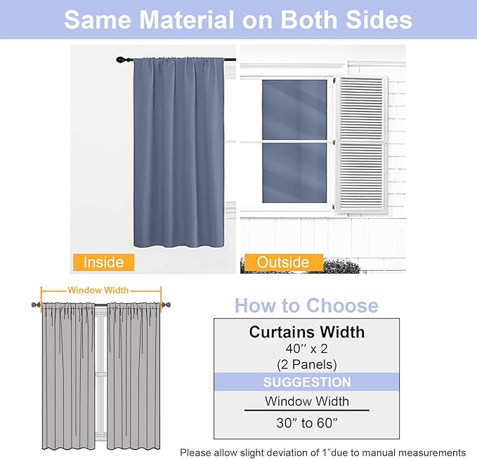 Simplebrand Ava Denim Blue Blackout Curtains for Bedroom 63 Inch Length 2 Panels, Solid Thermal Insulated Energy Saving Rod Pocket Window Treatment Curtains Blackout Drapes, W40 x L63 Inch, Denim Blue