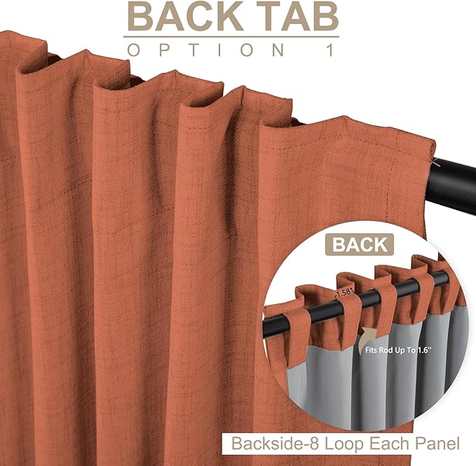 100% Blackout Shield Linen Blackout Curtains for Bedroom 108 Inches Long, Back Tab/Rod Pocket Living Room Drapes, Thermal Insulated Blackout Curtains 2 Panels Set, 50" W x 108" L, Burnt Orange